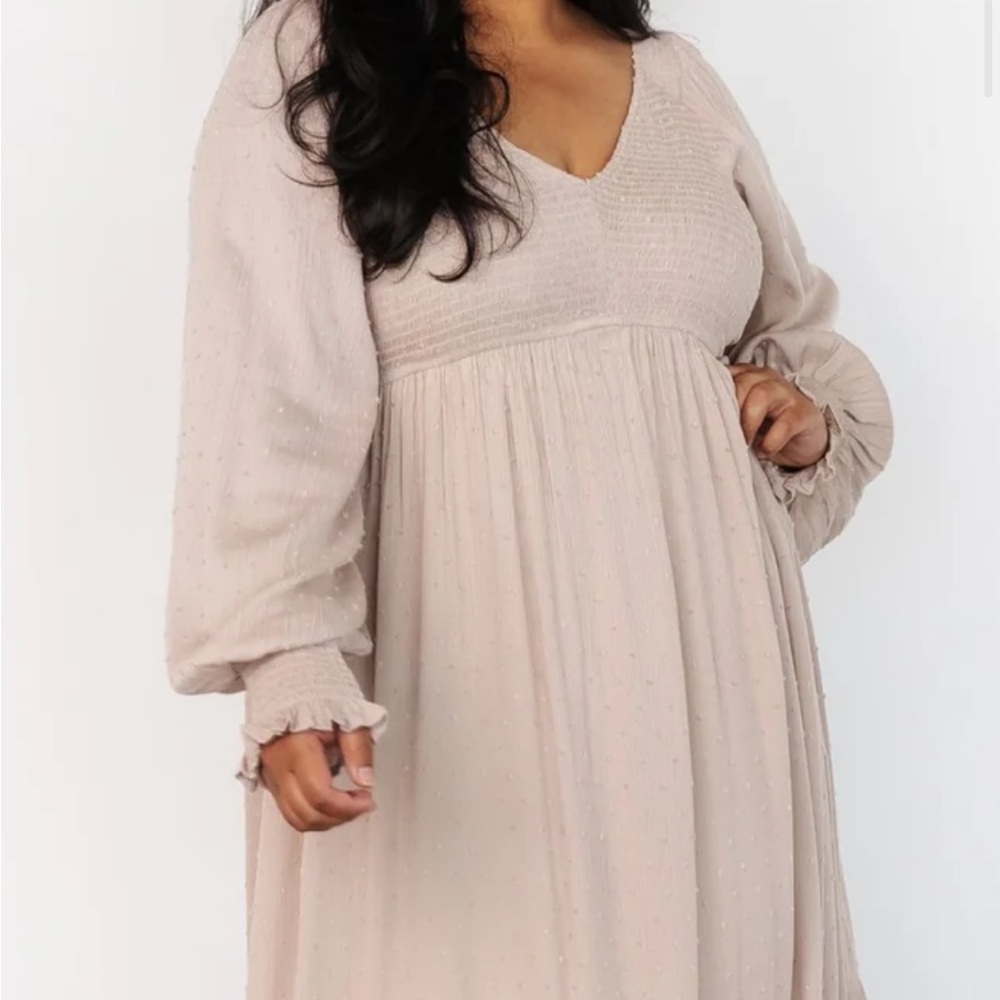 Baltic Born Lainey Smocked Dotted Beige Long Sleeve Dress